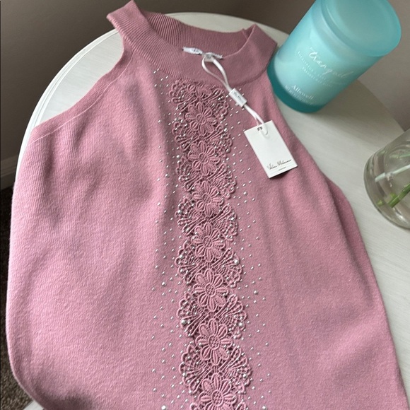 Vila Milano Elegant Rose Gold Knit Top with Floral Embroidered Lace NWT Size M - Picture 2 of 9